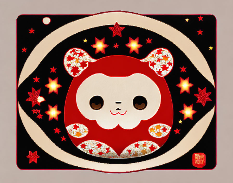 Red and white panda graphic with floral patterns on black background