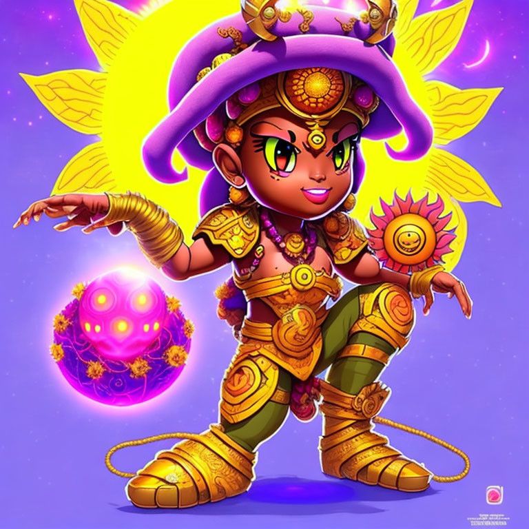 Stylized character in gold armor and purple clothing with glowing orb on purple backdrop