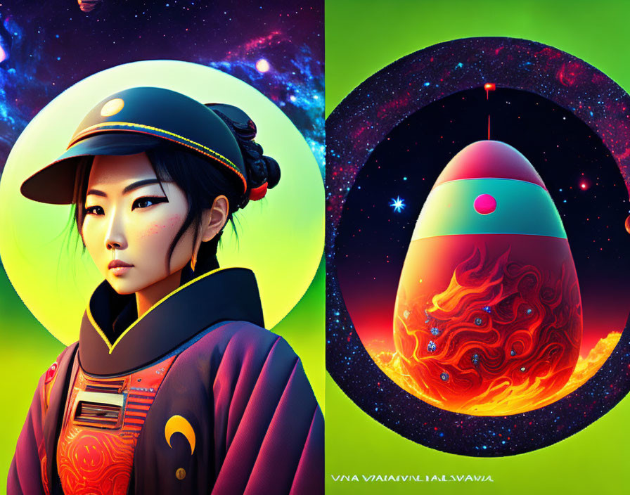 Futuristic female figure in elaborate attire with halo ring, surreal planet in vibrant space.