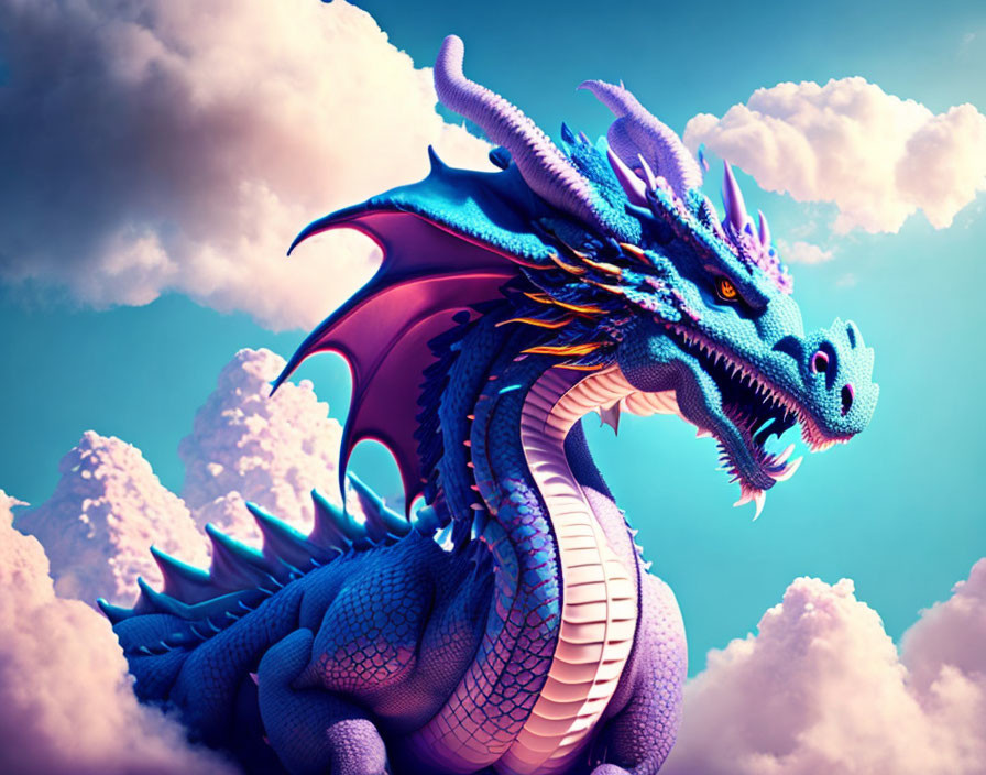 Majestic dragon illustration with blue and purple scales on cloudy sky