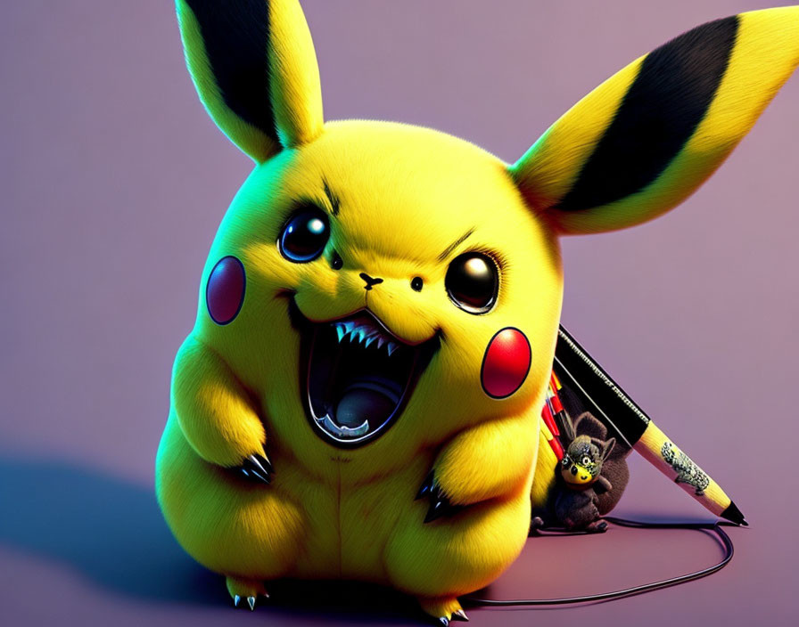 Stylized Pikachu image with fierce expression and mini version in bag