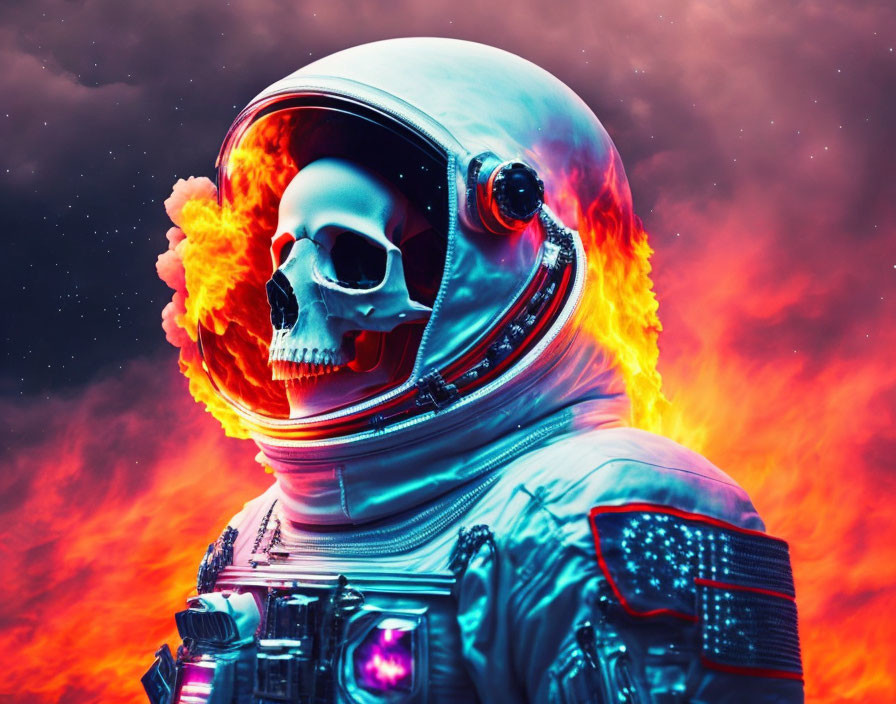 Skeleton in astronaut suit with fiery explosion - symbolic artwork.