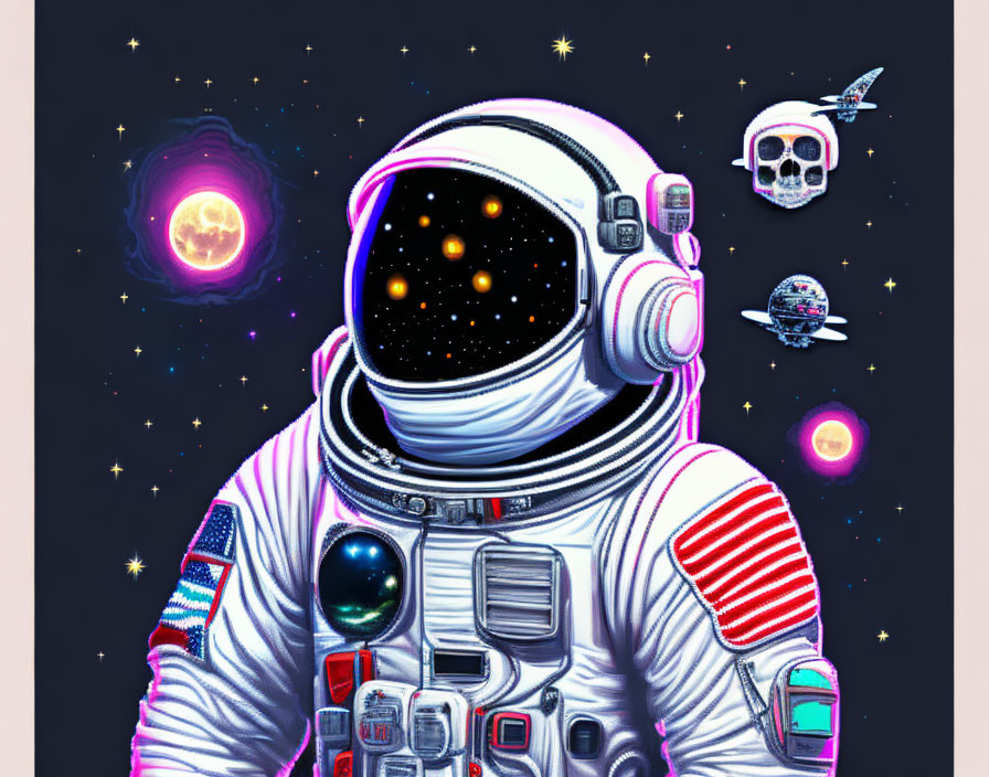 Astronaut with stars reflection, skull, planets in cosmic space.