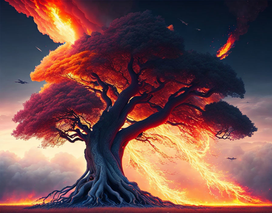 Majestic tree with fiery canopy against dramatic apocalyptic sky