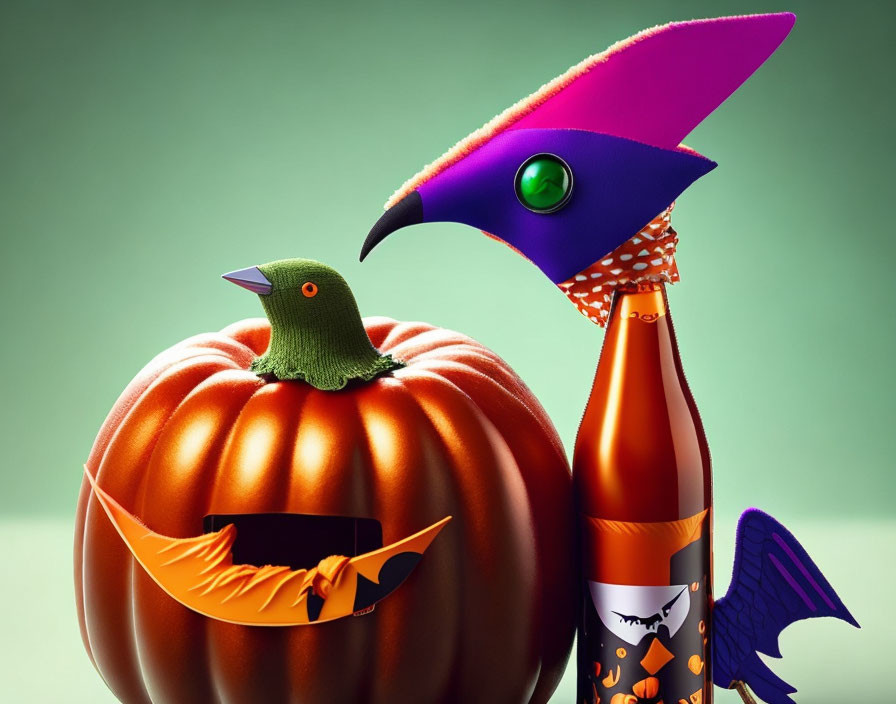 Vibrant Halloween-themed animated birds on pumpkin and bottle against green backdrop