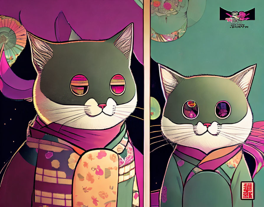 Stylized anthropomorphic cats in Japanese attire against vibrant floral backdrop