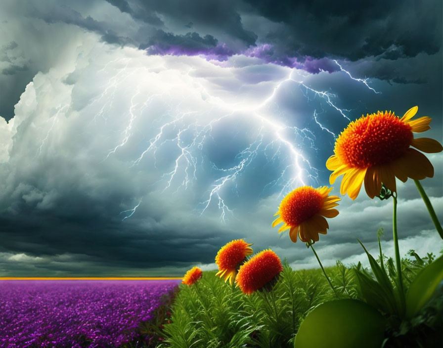 Bright lightning above storm clouds with purple and orange flowers.