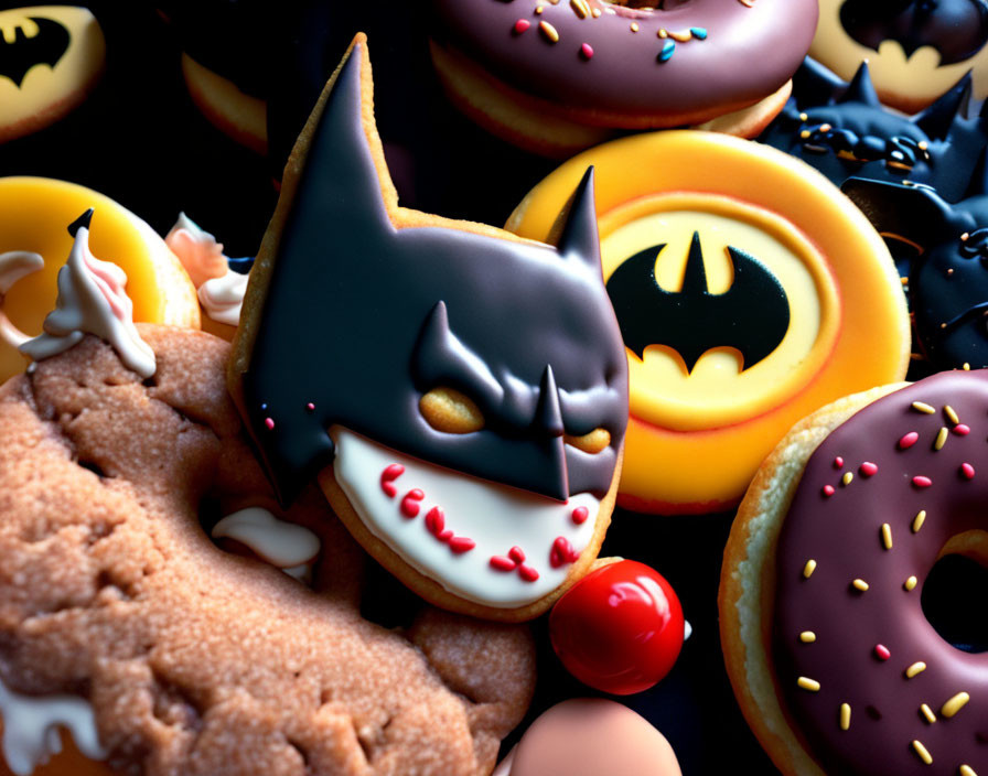 Assorted Batman-themed treats: cookies, doughnuts, and candy in bat symbol shapes.