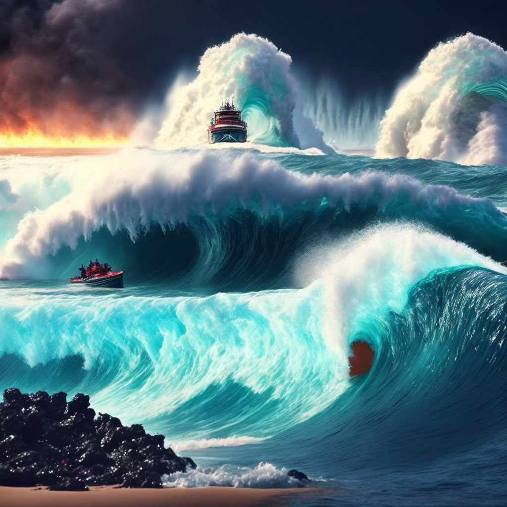 Surreal seascape with large ship, small boat, and towering waves