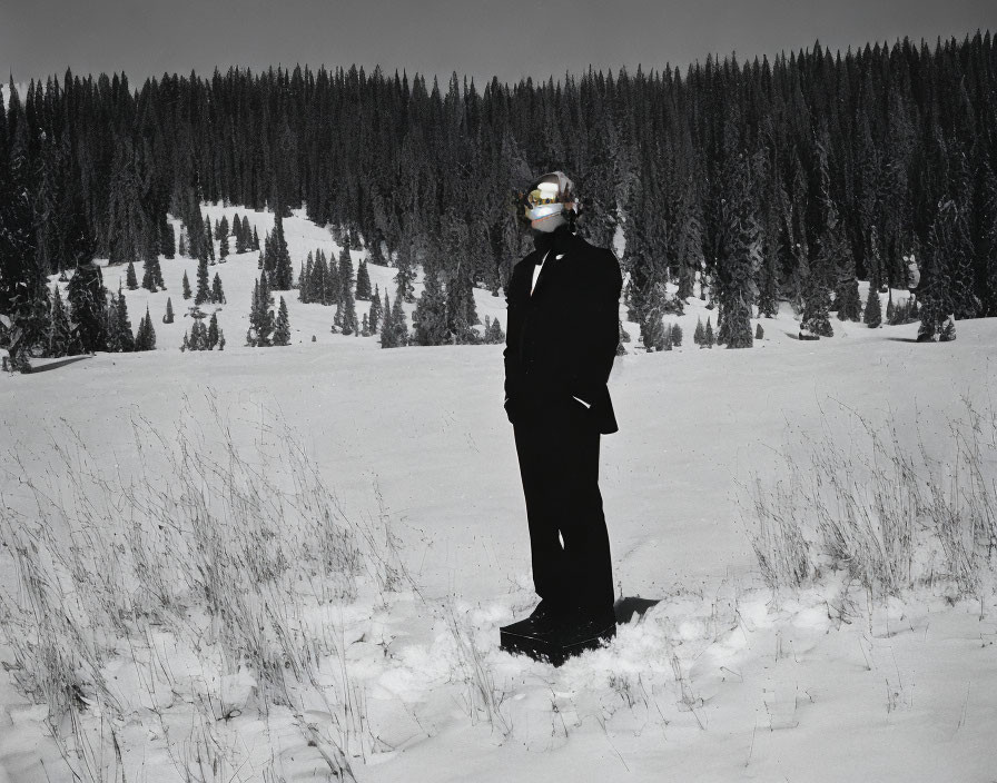 Person in formal suit and reflective helmet in snowy landscape with evergreen trees