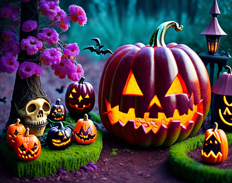 Spooky Halloween pumpkin display with jack-o'-lanterns, skull, and purple flowers