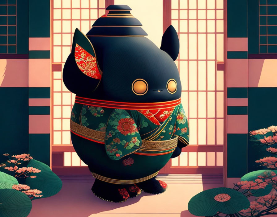 Stylized cat character in Japanese attire in tatami room