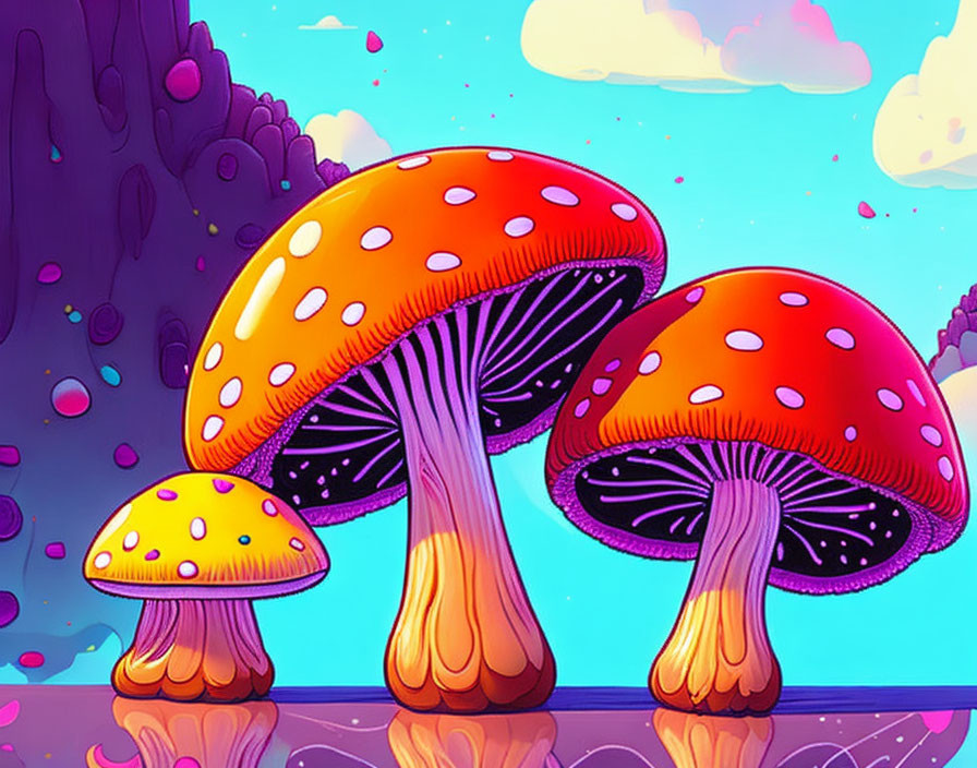 Colorful illustration: oversized red-capped mushrooms in whimsical pink and purple landscape