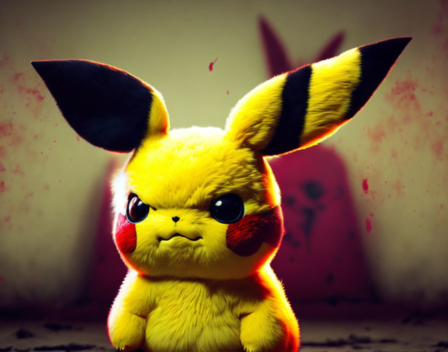 Angry Pikachu Plush Toy with Black-Tipped Ears and Red Splatter