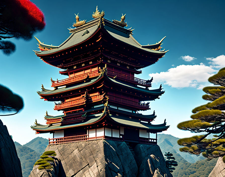 Multi-tiered pagoda on rocky outcrop under blue sky with pine branches.