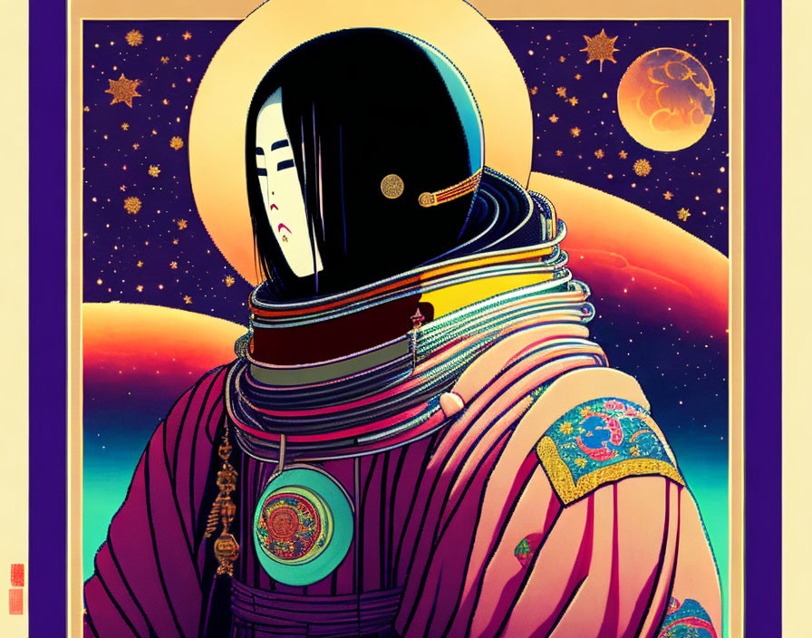 Illustration of a fusion of traditional Japanese and sci-fi elements with kimono-clad figure and astronaut