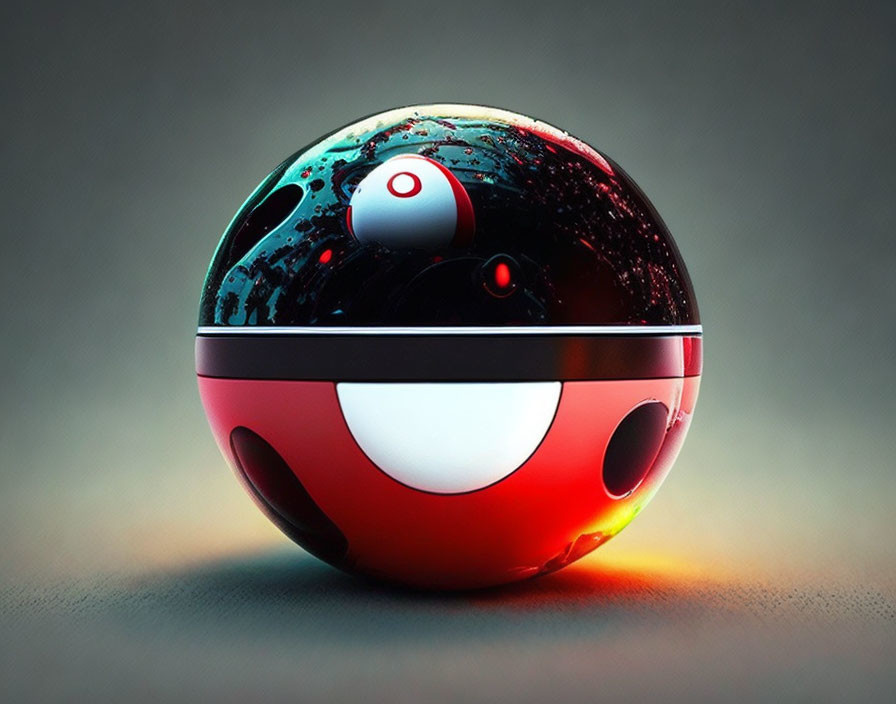 Vivid Red and Black Digitally-rendered Pokeball on Soft-lit Background