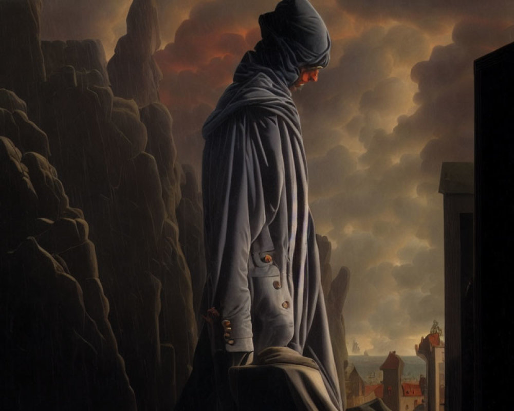 Cloaked figure on precipice overlooking dimly lit town & dramatic cloudy sky