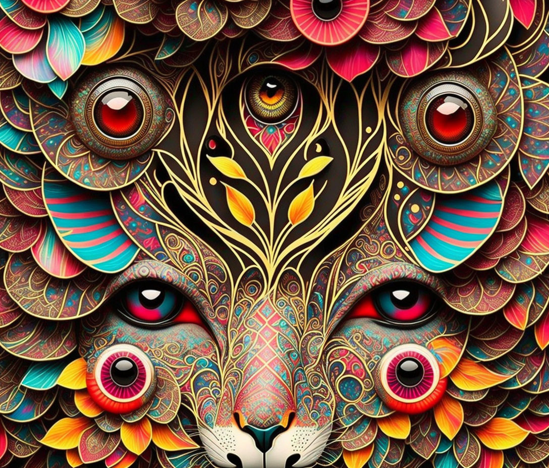 Intricate, colorful art: Stylized lion with multiple eyes, blending flora and fauna in