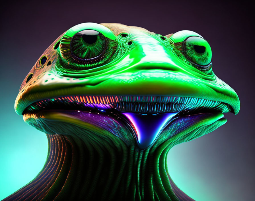 Vibrant green humanoid reptile with expressive eyes on purple gradient.