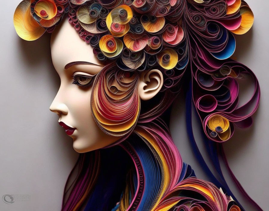 Colorful paper ribbon hair on stylized female figure profile