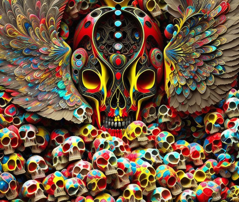 Colorful Skull Artwork with Feathers and Patterns