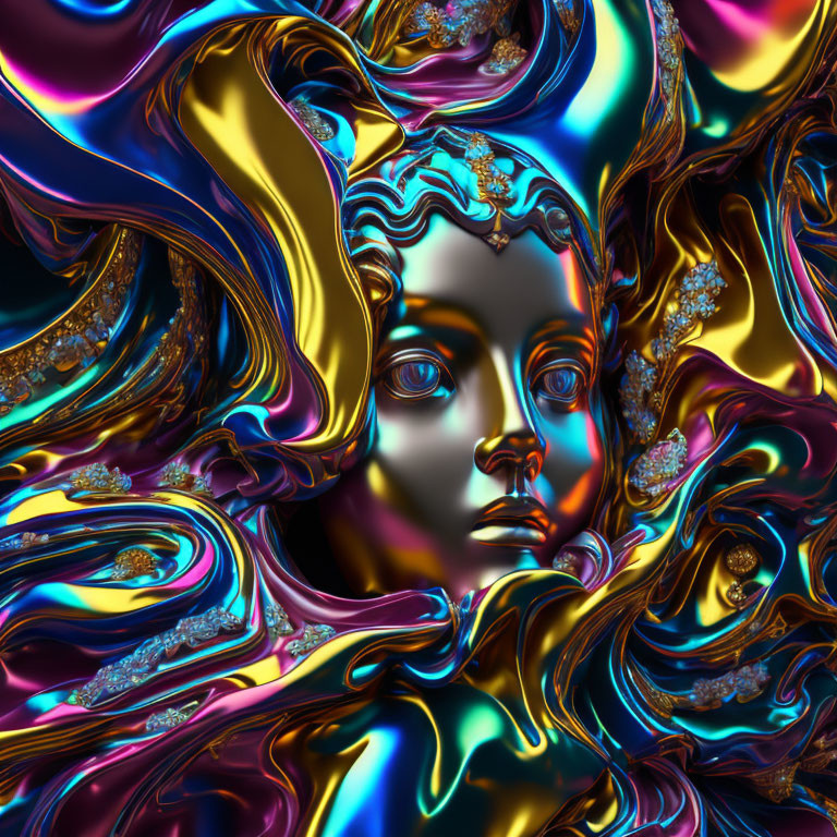 Metallic face in colorful abstract swirls: Surreal art effect