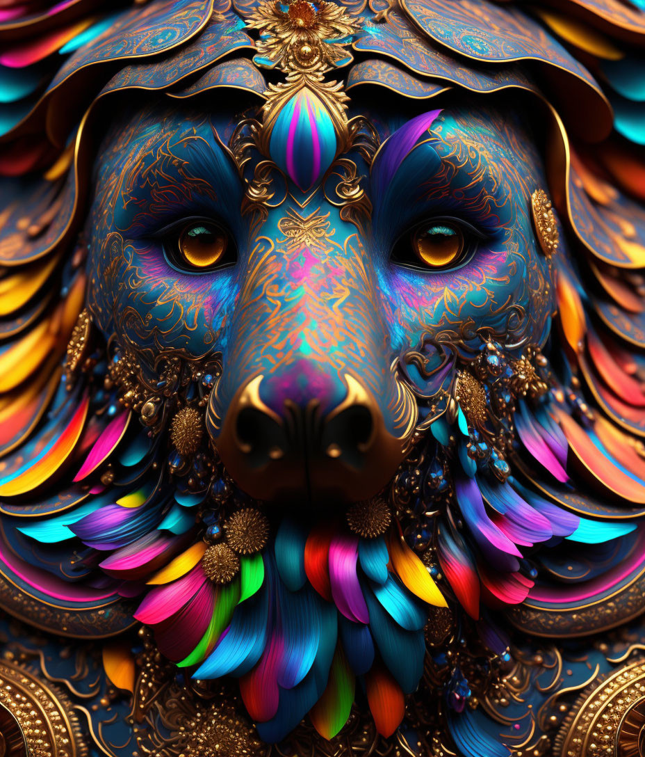 Regal lion digital artwork with intricate patterns & vibrant colors