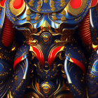 Detailed Illustration: Character in Ornate Blue & Gold Mask with Glowing Orange Eyes