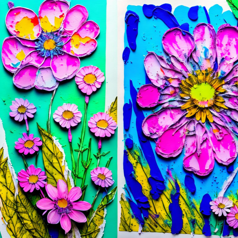 Colorful Flower Painting on Bright Blue and Green Background