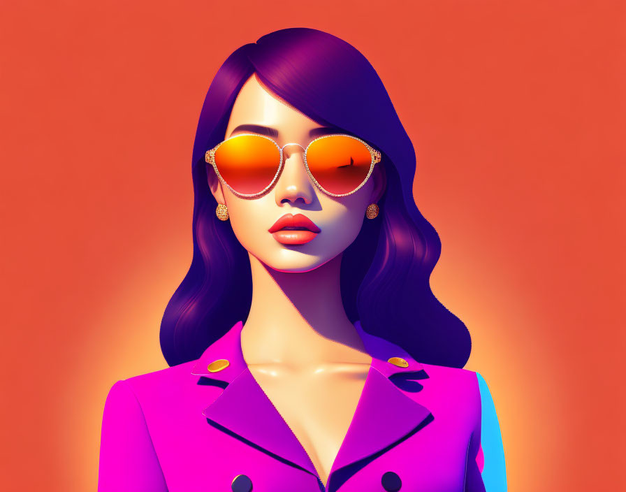 Stylized 3D illustration of woman with purple hair in sunglasses, pink jacket, orange background