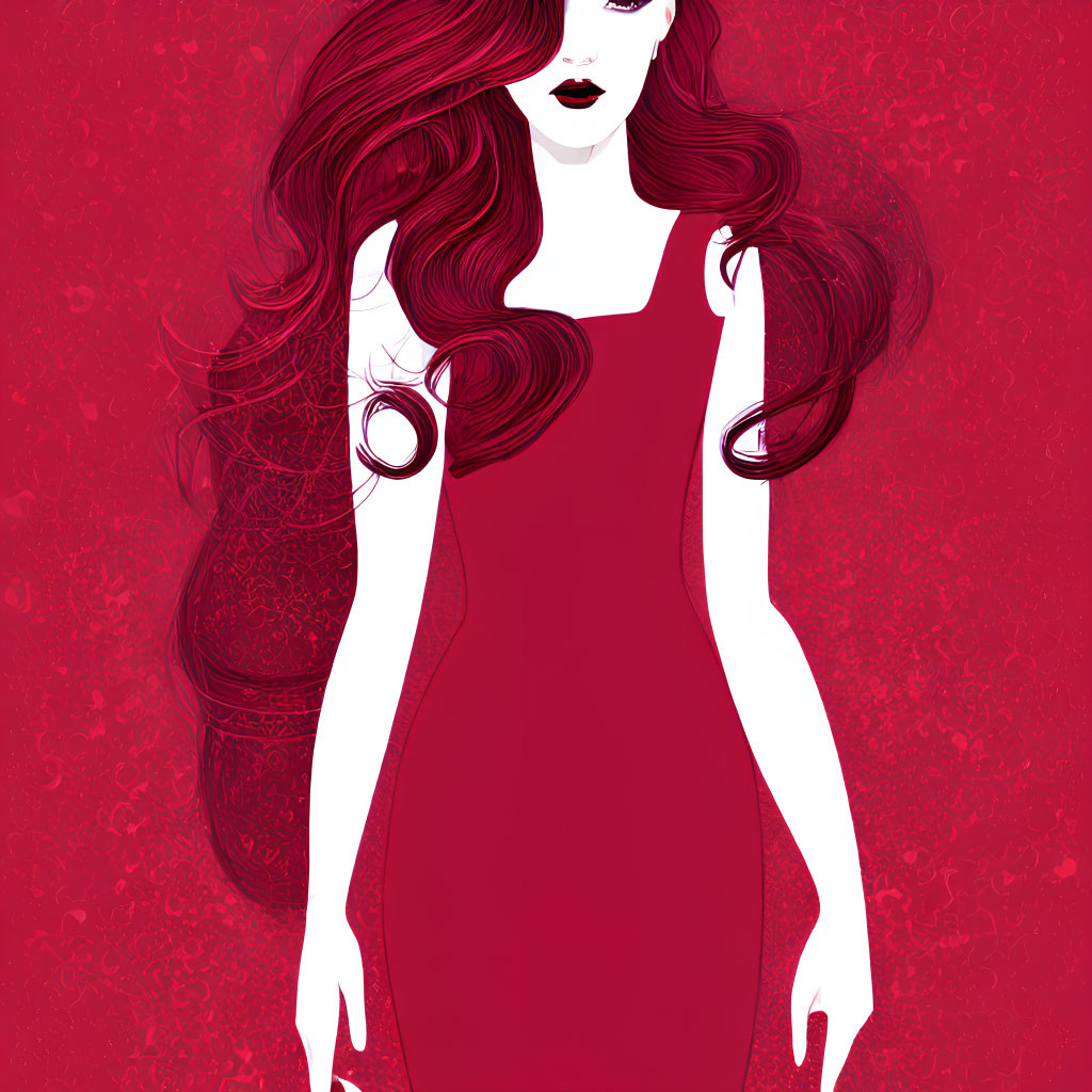 Stylized red-haired woman in sleek dress on monochromatic background