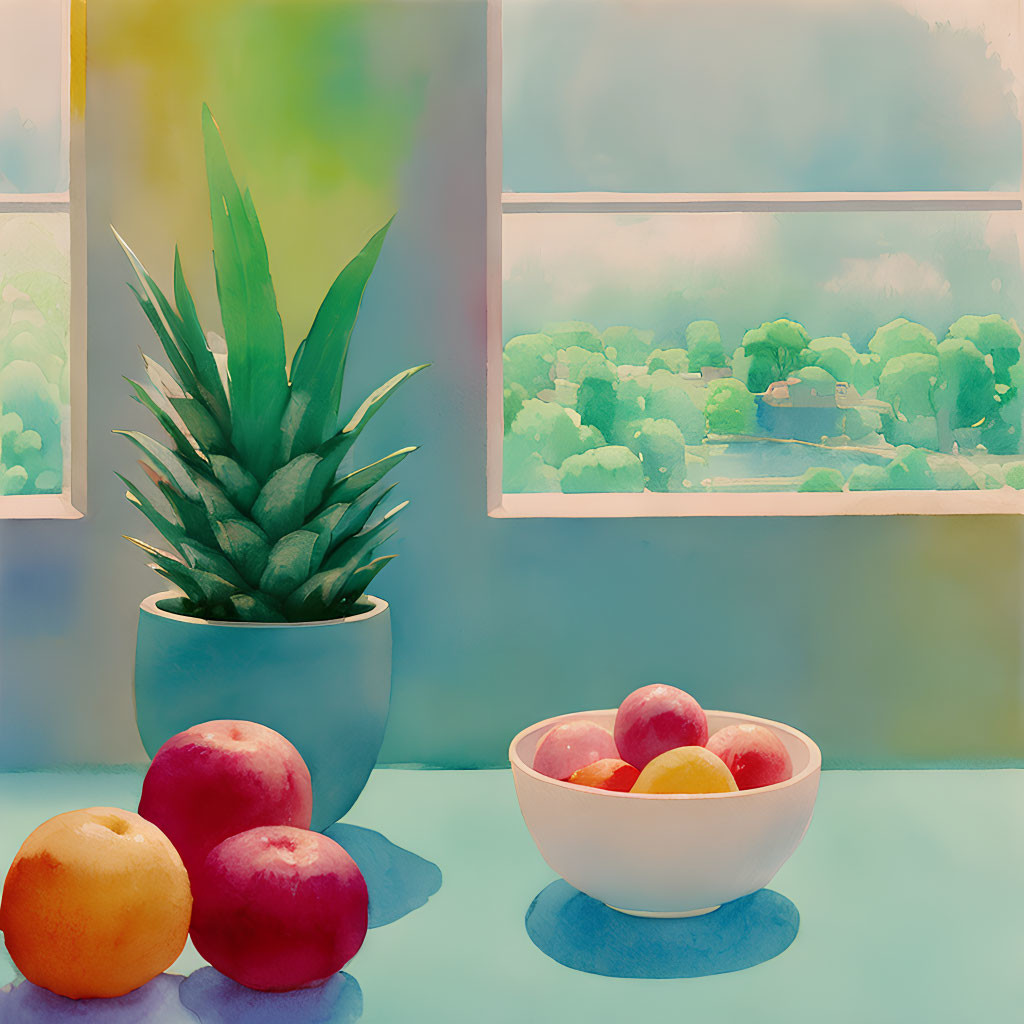 Colorful Still Life with Pineapple, Apples, and Mixed Fruit Bowl by Window