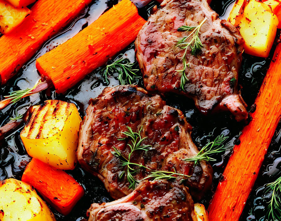 Succulent Grilled Lamb Chops with Rosemary, Roasted Carrots, and Potatoes