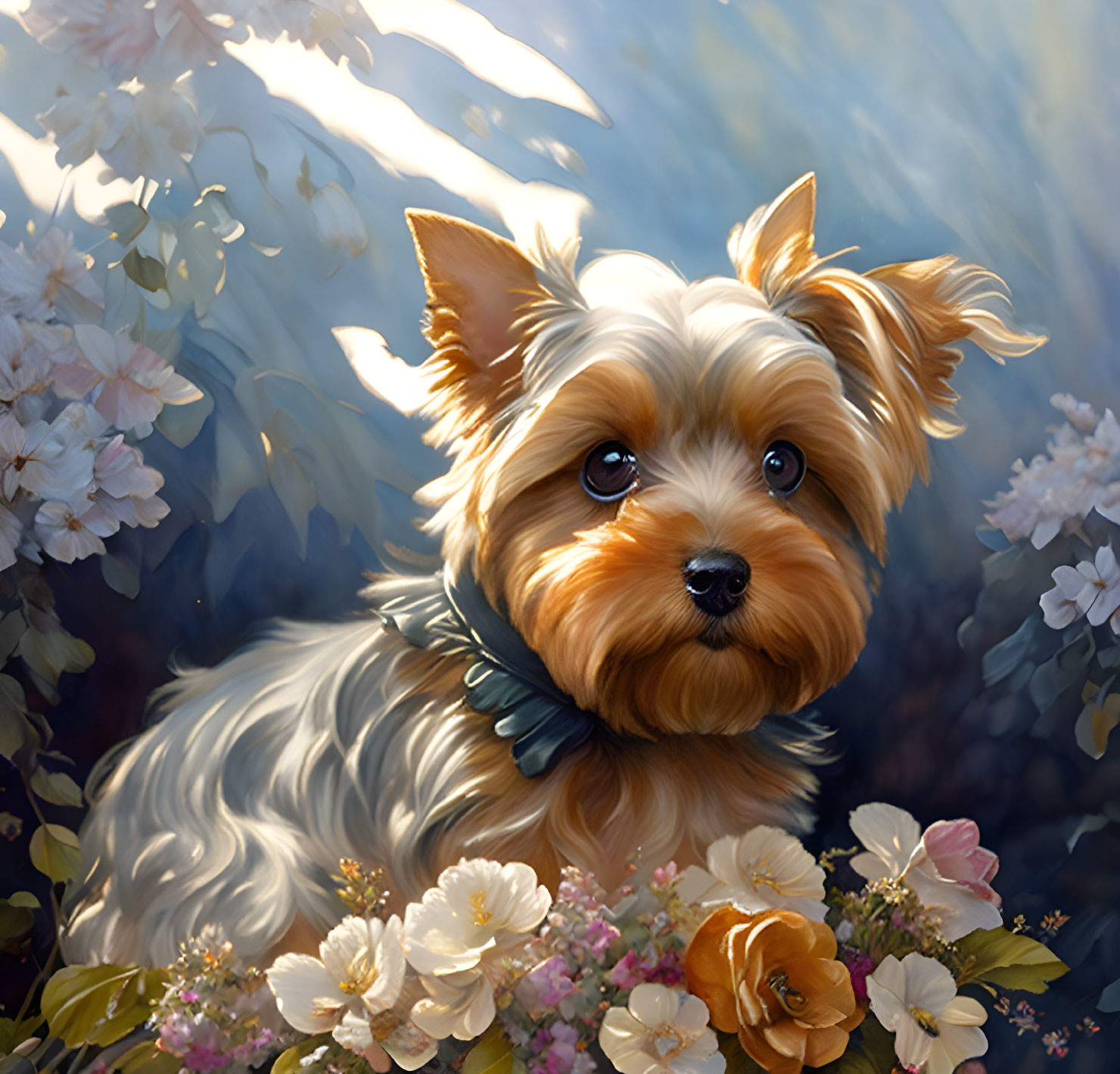 Yorkshire Terrier surrounded by delicate flowers in dreamy backdrop