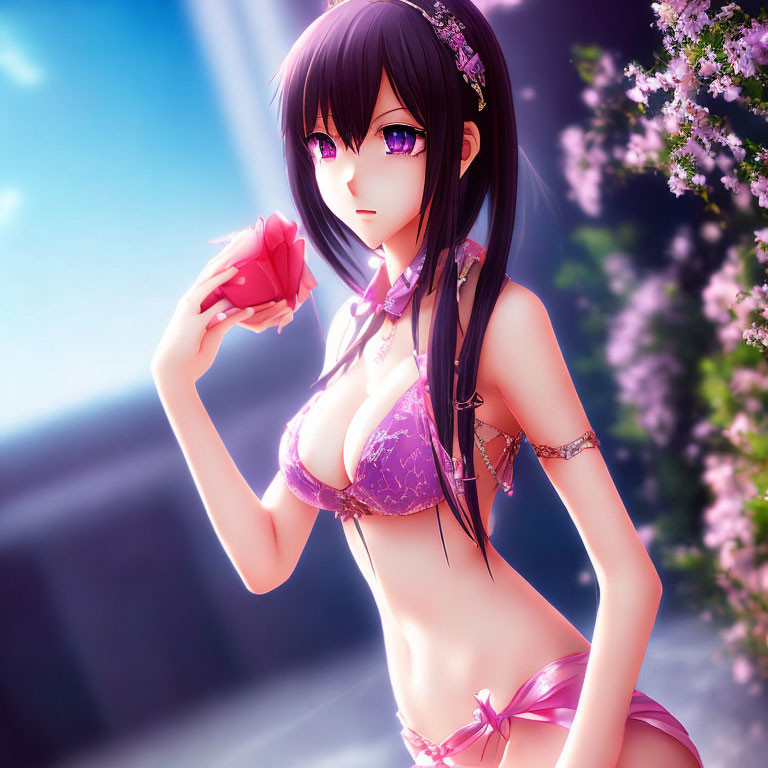 Purple-haired character in lilac bikini holding a rose amidst cherry blossoms