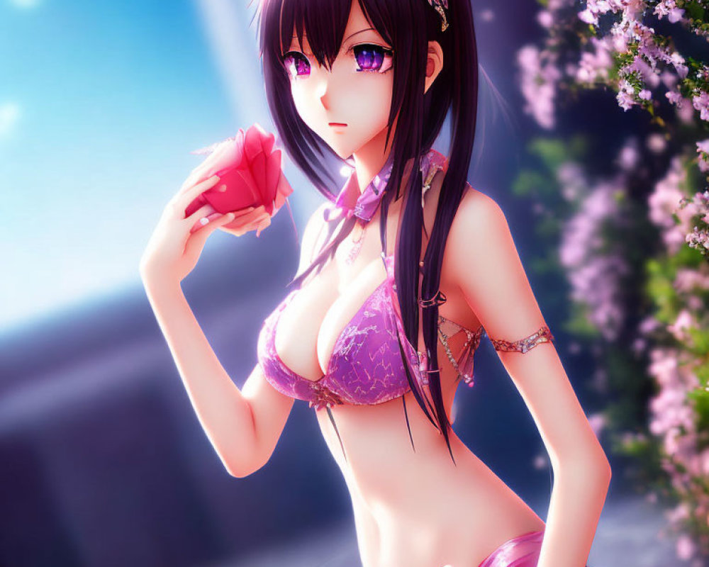 Purple-haired character in lilac bikini holding a rose amidst cherry blossoms