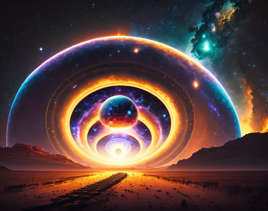 Surreal desert landscape with glowing, multicolored wormhole under night sky