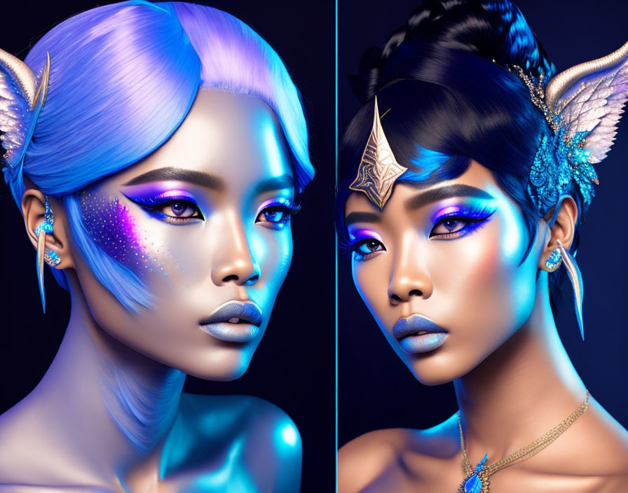 Fantasy-style portraits of women with blue skin and mystical jewelry