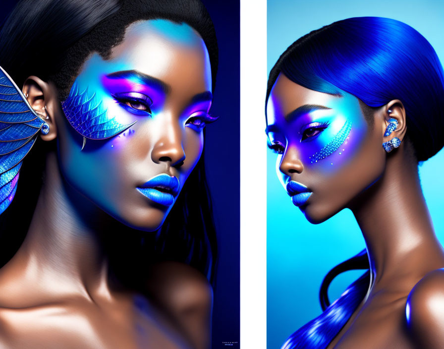 Digital Artwork: Woman with Blue Luminescent Makeup and Winged Earpiece