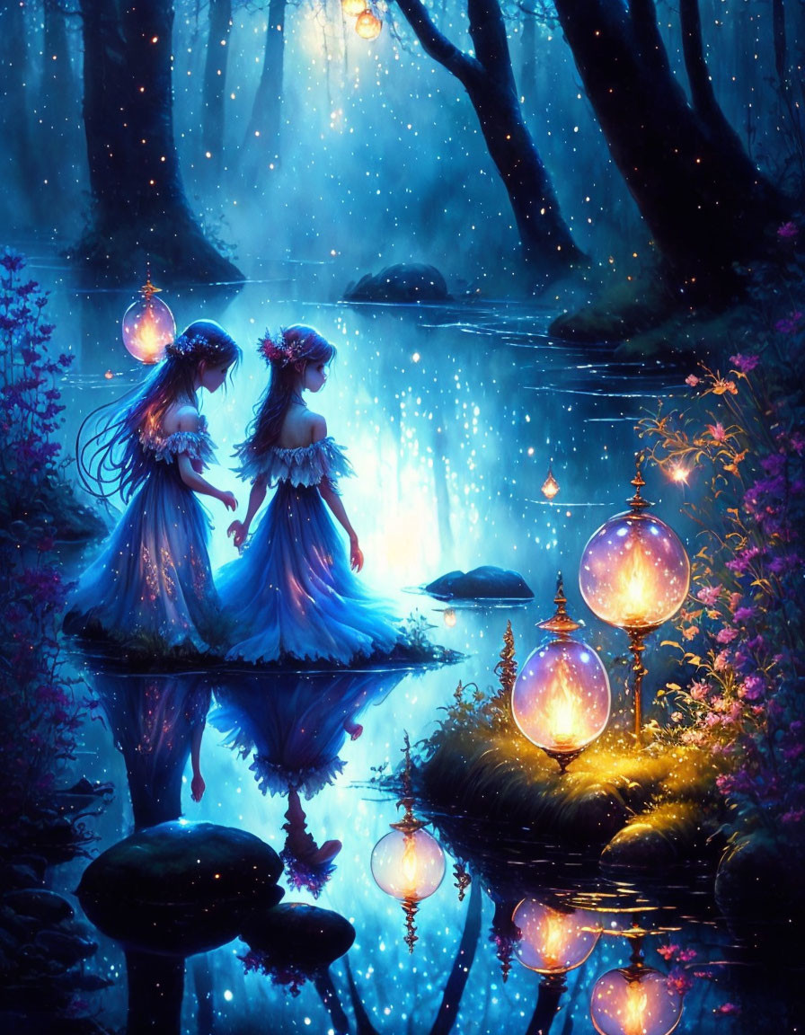 Ethereal figures in blue dresses by glowing pond in enchanted forest