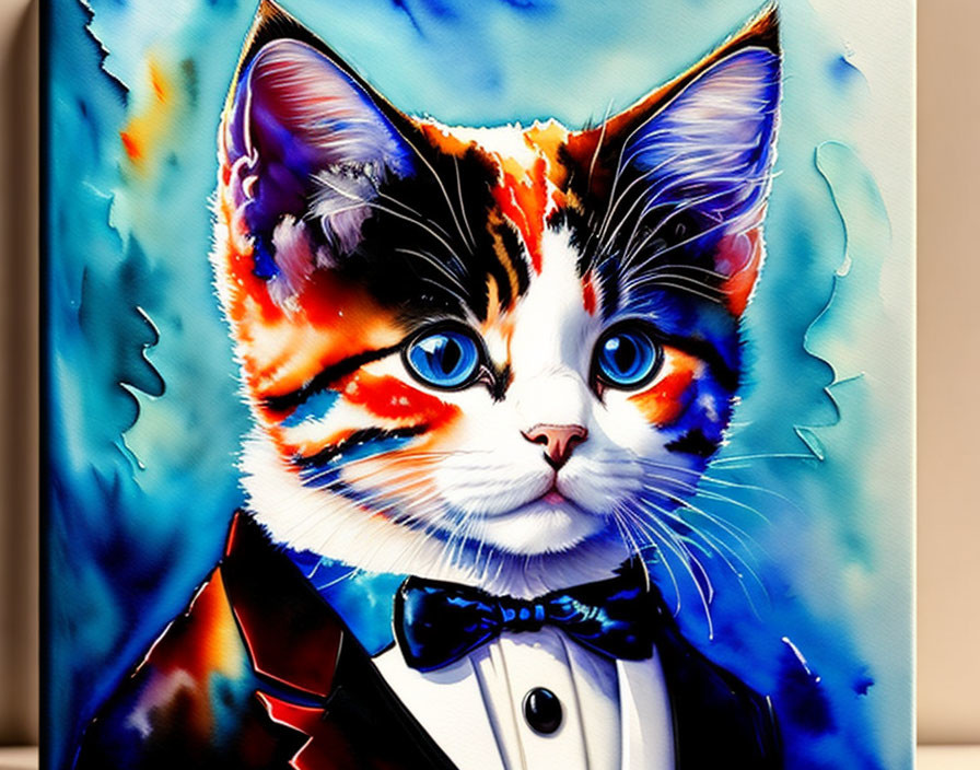 Colorful painting of a cat in bow tie and tuxedo on vibrant background