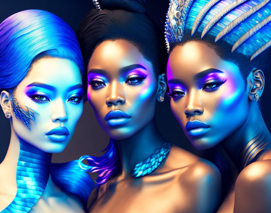 Three Women with Vivid Blue and Purple Makeup and Futuristic Hairstyles Pose Against Dark Background