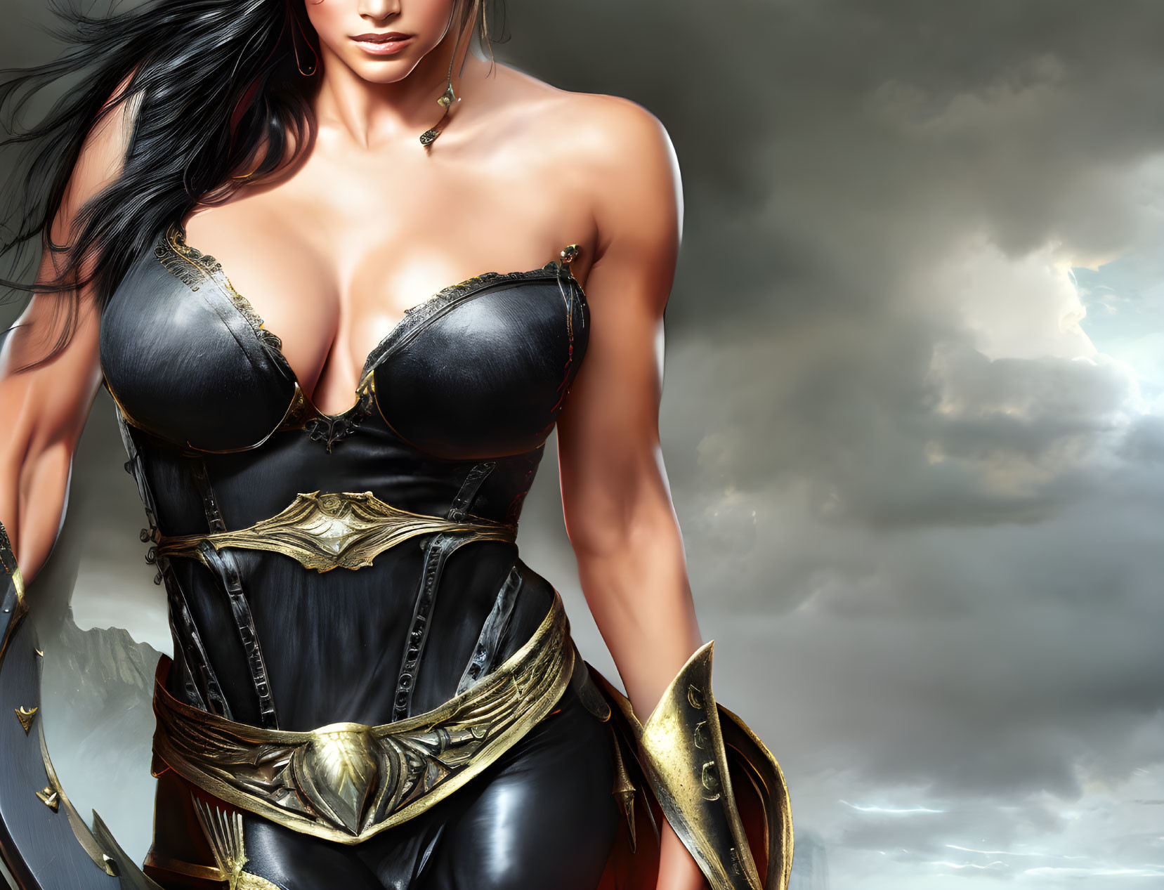 Fantasy female character in black and gold attire under cloudy sky