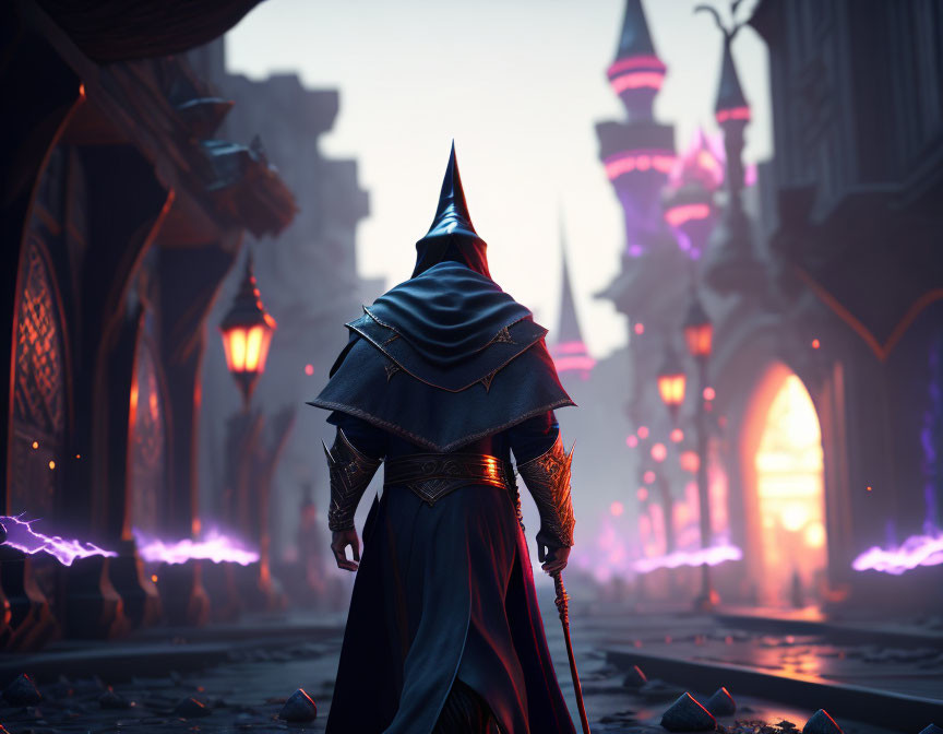 Cloaked Figure with Staff in Front of Magical Castle