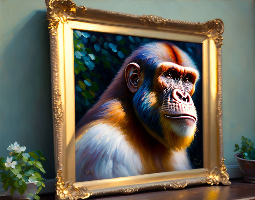 Realistic Primate Portrait in Gilded Frame with White Flowers on Teal Wall