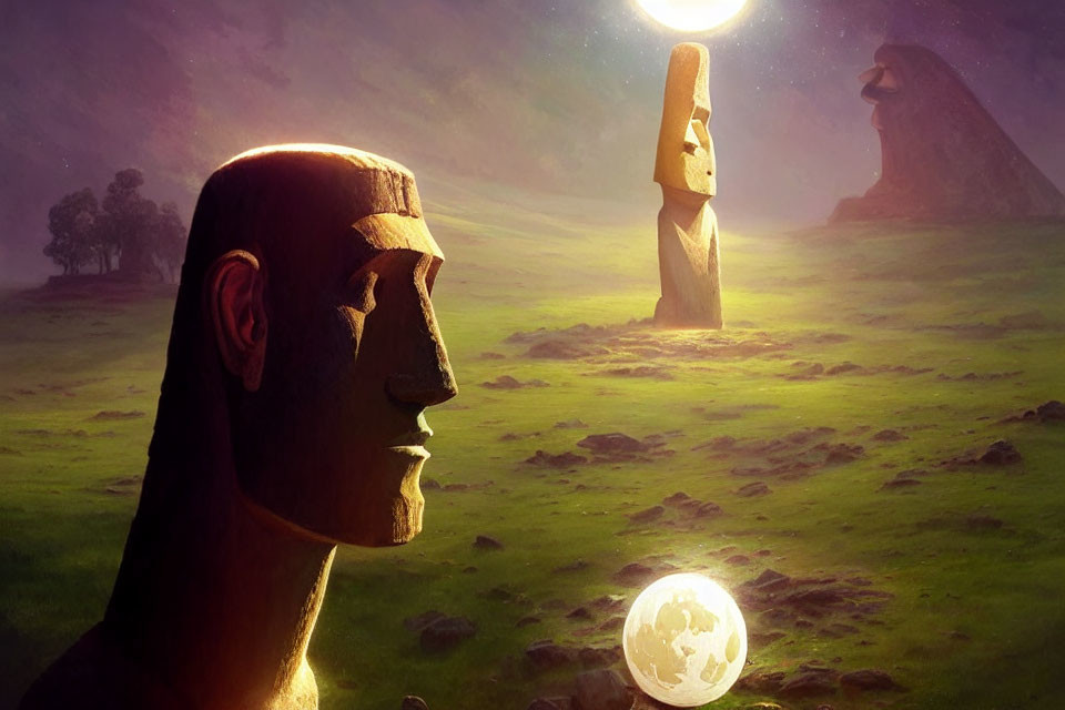 Surreal landscape with Moai statues and oversized moon