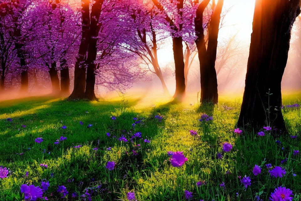 Pink blossoming trees casting sunlight on a meadow with purple flowers in warm mist.