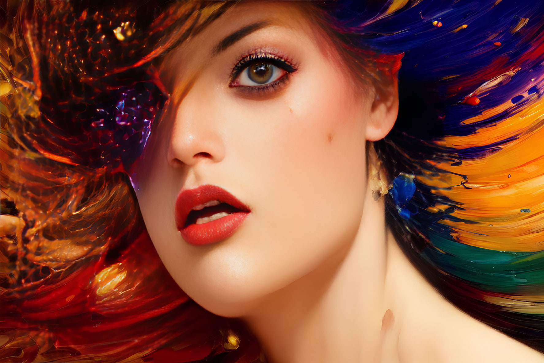 Vibrant woman with fiery red, orange, and blue hair and striking makeup.