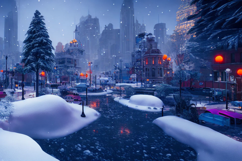 Snow-covered cityscape at dusk with twinkling lights and mist-covered buildings